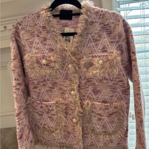 Fuzzy Trim Lavender Patterned Cardigan Blazer